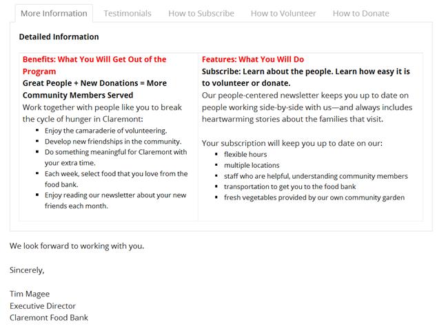 Example Landing Page with tabs and content within a tab: 8 Landing Pages Table Illustration
