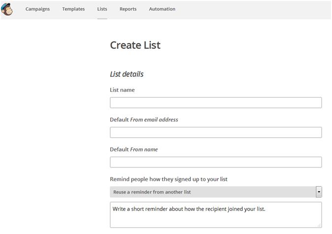MailChimp Create List Form Email List Building