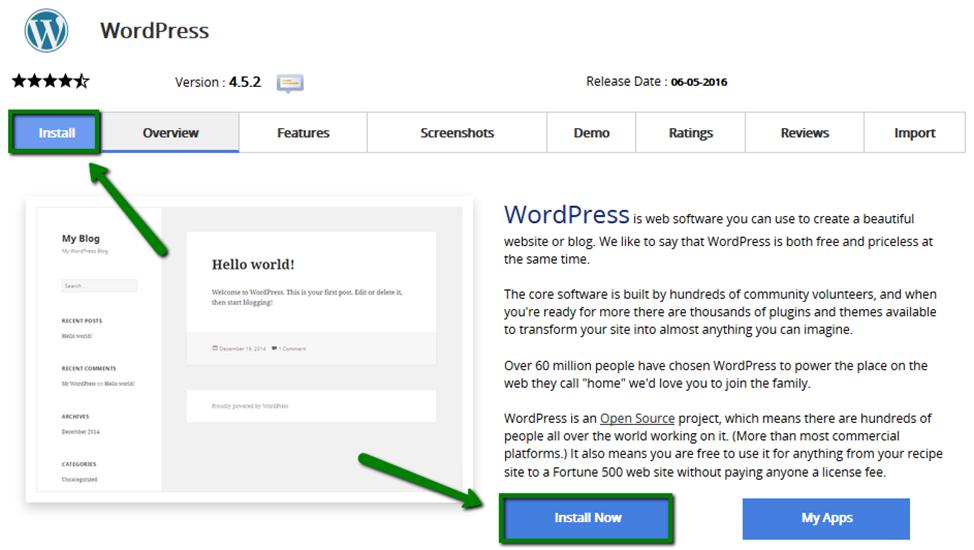 How to Create a Website: In the WordPress install page, click on the Install Now button.