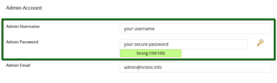 How to Create a Website: Add your username name and password description in the WordPress Admin Account form.