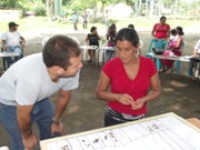 Woman voting at a participatory non profit training workshop.